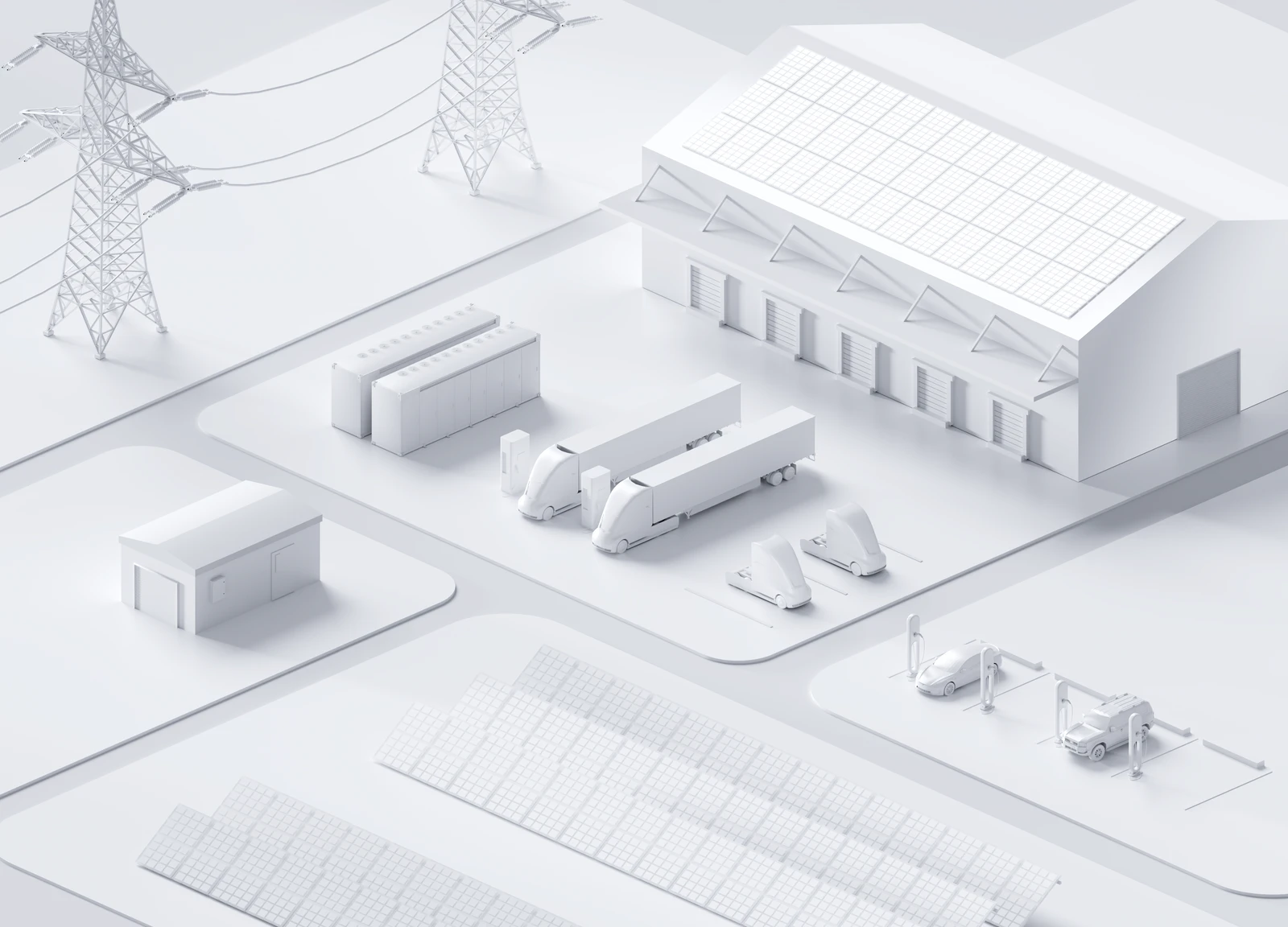 Isometrische Illustration des coneva Energie-Ökosystems: PV, Speicher, Ladeinfrastruktur und Industrie.